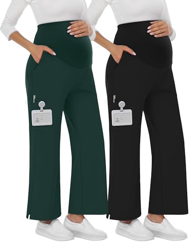 2 Pack Women's Maternity Scrub Pants with 6 Pockets - color: Black, Dark Green, size: X-Large