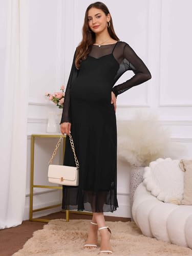 Women's Maternity Mesh Dress 2-Piece Maxi Bodycon Dress - color: Black, size: Medium
