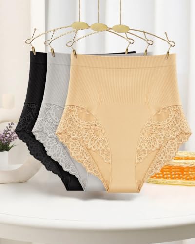 Women's Underwear High Waisted Tummy Control Lace Panties 4 Pack - color: Black-4 Pack, size: Medium