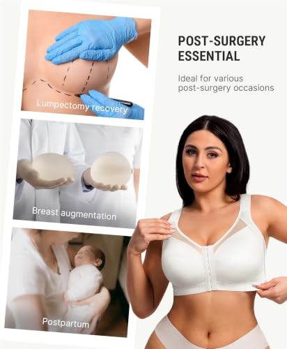FeelinGirl Front Closure Post Surgery Compression Bra with Adjustable Straps Wireless Breast Augmentation Post Op Bras - color: White, size: Large