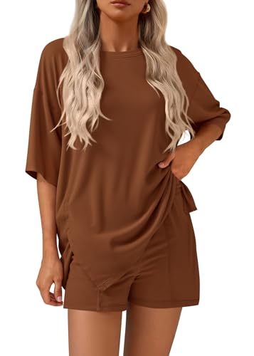 KIRUNDO 2 Piece Sets for Women Summer Lounge Sets Casual - color: Brown, size: Small