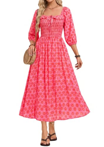 Kate Kasin Womens Summer Fall Boho Maxi Wedding Guest Dresses with Pockets - color: Pink Geometric Floral, size: X-Large