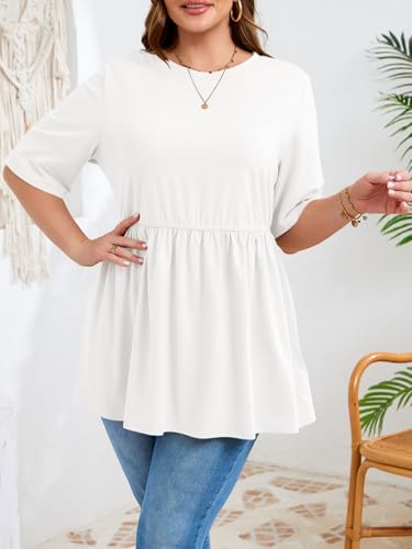 Beautife Womens Plus Size Babydoll Tops Summer Peplum Flowy Tunic Blouses - color: White, size: XX-Large Plus