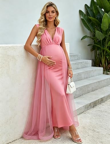 Maternity Maxi Dress V Neck Sleeveless Tulle Overlay Formal Gown - size: Medium