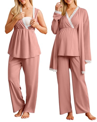 OUGES Womens Cotton Blend Maternity Nursing Robe Set 3 PCS Postpartum 3 in 1 Labor Delivery Hospital Pjs Tank Top & Pants - color: Pink, size: Small