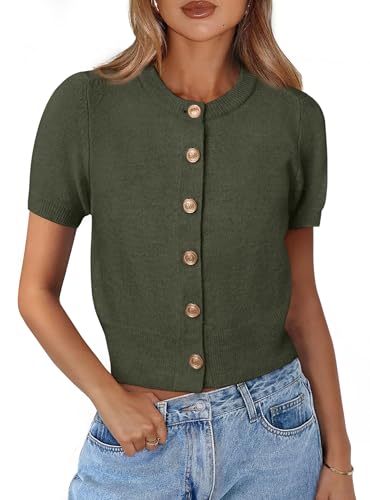 PRETTYGARDEN Womens Summer Cardigan Short Sleeve Sweater - color: Army Green, size: Small
