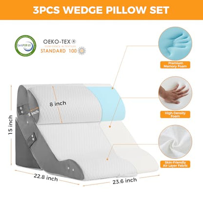 Ruqmuis Wedge Pillow Set for After Surgery, Bed Wedge Pillow, White - color: White/Grey, size: 3pcs
