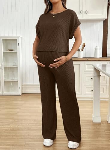 BLENCOT Maternity Sets Summer Ribbed Knit Pajamas Outfits - color: Coffee, size: Large