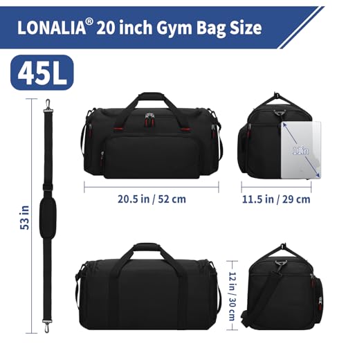 45L Gym Sport Duffle Bag for Men, Black - color: Black