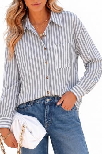 CHYRII Women's Striped Button Down Long Sleeve Blouse - color: Black, size: XX-Large