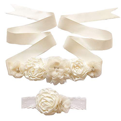 Lauthen.S Maternity Flower Sash Belt Headband Set, Women Girls Wedding Baby Shower Sash - color: Ivory