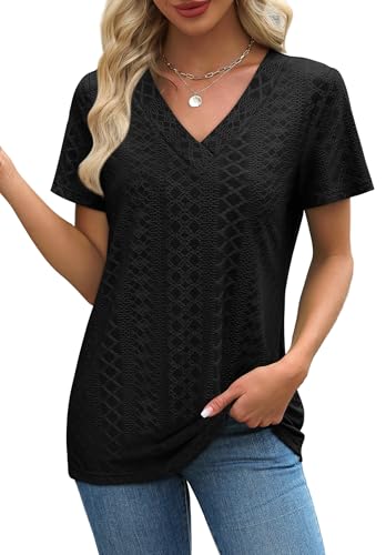SAMPEEL Women's Eyelet Crossed V Neck Short Sleeve T-Shirt - color: All Black, size: X-Large