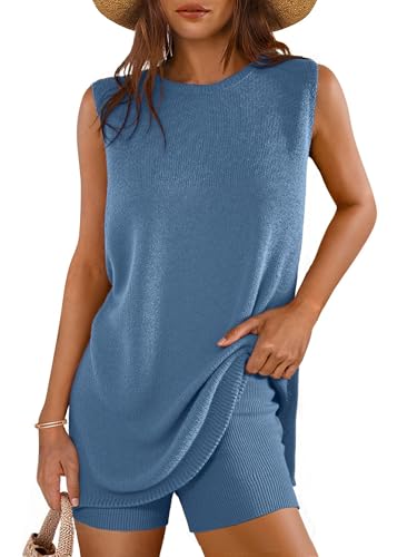 Glamaker Women's 2 Piece Short Sets Summer Lounge Sets Sweater Knit Beach Vacation Matching Sets Travel Outfits - color: Dark Blue, size: Medium