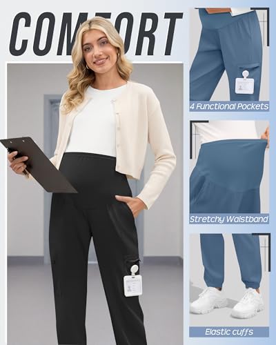 3 Pack Maternity Scrub Cargo Jogger Pants - color: Black, Haze Blue, Khaki, size: XX-Large