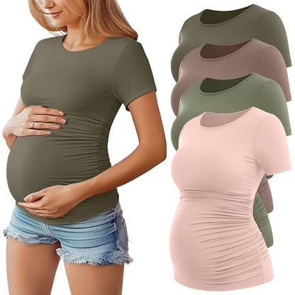 Huukeay 4 Pack Women's Short Sleeve Maternity Tops - color: Beige, Army Green, Light Coffee, Dark Army Green, size: Medium
