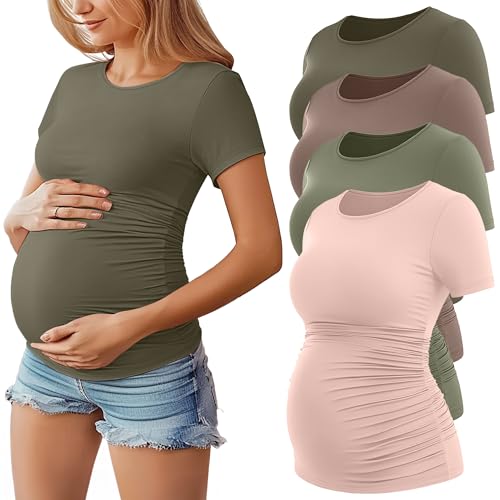 Huukeay 4 Pack Women's Short Sleeve Maternity Tops - color: Beige, Army Green, Light Coffee, Dark Army Green, size: Medium