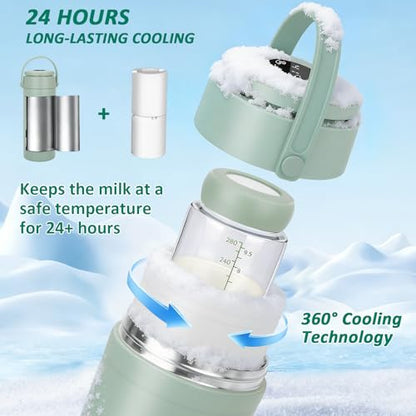 Portable Breast Milk Cooler for Outdoors & Work, 360° Total Cooling Keeps Milk Fresh for 24 Hours, 19oz Large Capacity Travel Breastmilk Chiller with Temp Display & 2pcs Bottle for Breastmilk Storage