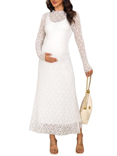 Maternity Dress Set Bodycon Lace Overlay & Inner Slip - color: White, size: Small