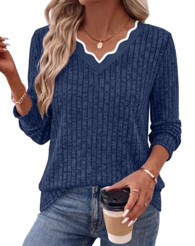 WIHOLL Long Sleeve Womens Shirts Lightweight Fall Tunic Top V Neck Sweaters - color: 02-blue, size: Medium