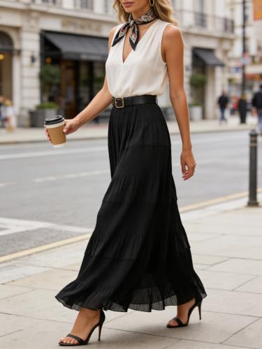 Women's Maxi Skirt with Pockets Casual A Line Pleated Skirt - color: Black, size: X-Large