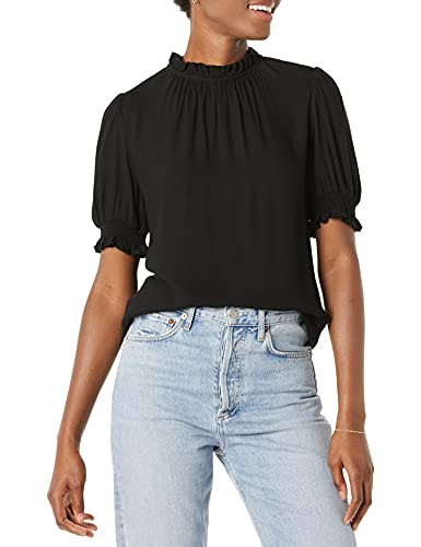 Amazon Essentials Women's Fluid Twill Short Puff Sleeve Ruffle Smock Detail Blouse - color: Black, size: X-Large