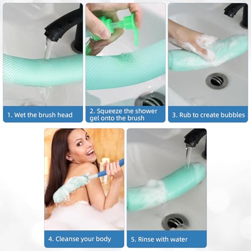 Back Scrubber for Shower,15.35"Curved Body Brush with Anti Slip Long Handle - size: Blue+Green Handle (Medium)