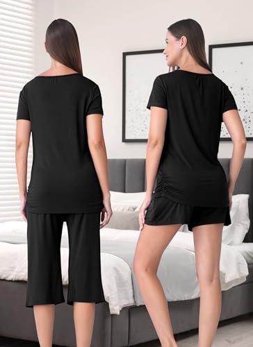 3 Piece Nursing Pajamas Set for Women Maternity & Postpartum Pjs - color: Black, size: Medium