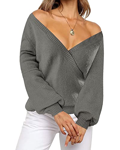 LookbookStore Women's Knit Long Sleeve Faux Wrap Surplice V Neck Sweater Top - color: Dark Grey, size: Small