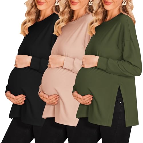 Ekouaer 3 Packs Maternity Shirts Split Side Pregnancy Workout Tops - color: 3pcs- Black + Army Green + Dirty Pink, size: Small