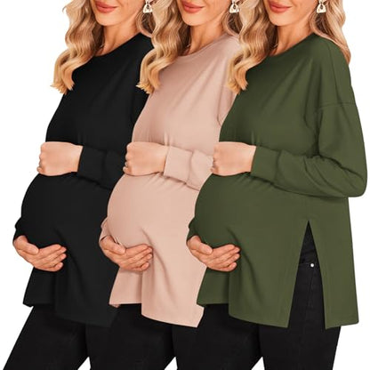 Ekouaer 3 Packs Maternity Shirts Split Side Pregnancy Workout Tops - color: 3pcs- Black + Army Green + Dirty Pink, size: Small