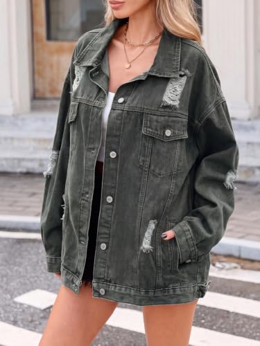 LifeShe Women's oversized Jean Jacket distressed denim Coat with Pockets - color: Green, size: Small
