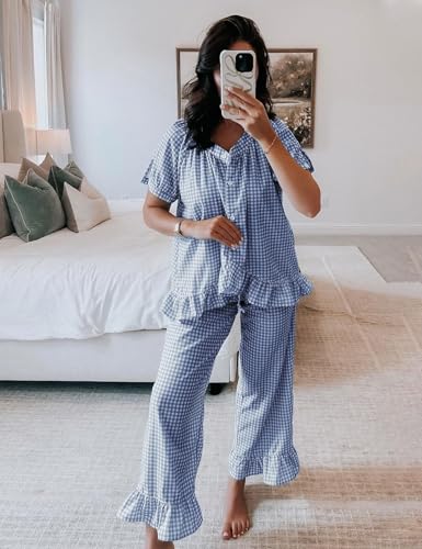 Flygo Women's Cotton Gingham Pajama Set 2 Piece Ruffle Lounge Sleepwear - color: Navy, size: Medium