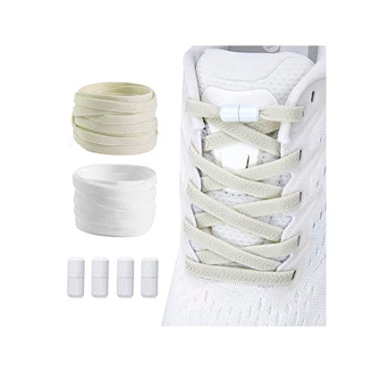 2 Pair Elastic No Tie Flat Shoe Laces for Kids and Adults - Elastic No Tie Shoelaces System - color: White+solid Beige