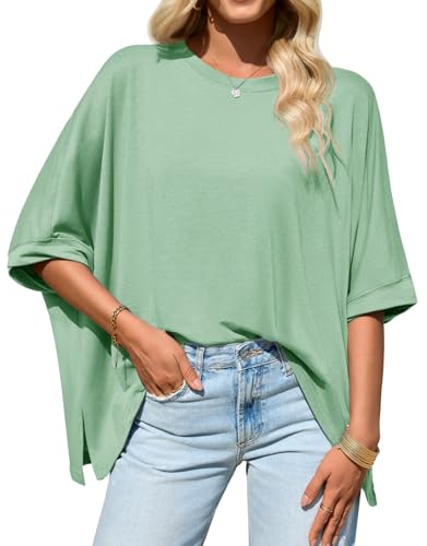 Tankaneo Womens Oversized Tshirts Batwing Short Sleeve Asymmetric Hem Tops - color: Green, size: Large