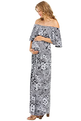 My Bump Women's Ruffle Off The Shoulder Maxi Maternity Dress-Made in USA - color: Blue Lbav, size: Large