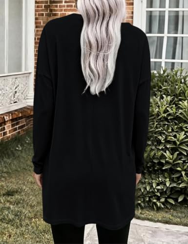 Poetsky Womens Tunic Tops for Leggings with Pockets Side Buttons Batwing Long Sleeve Casual Long Tee Shrits Fall Clothes - color: Black, size: X-Large