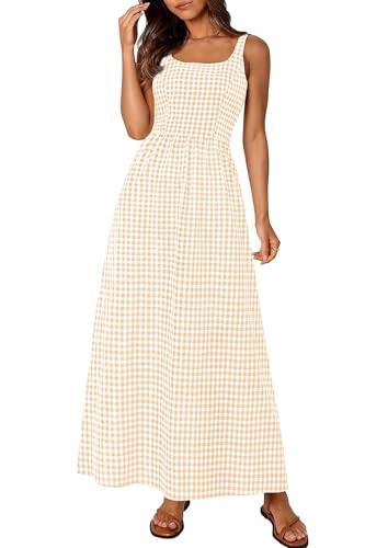 PRETTYGARDEN Women's Summer Gingham Maxi Long Dress - color: Beige, size: Medium