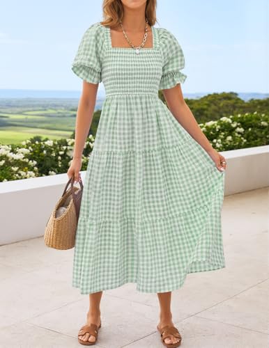 ZESICA Women's Summer Boho Gingham Puff Sleeve Square Neck Beach Midi Dress - color: Green, size: Medium