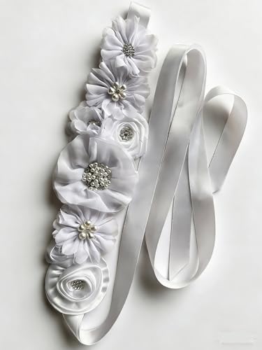 Wedding Bridal Floral Sash Belt Maternity Sash for Baby Shower - color: White