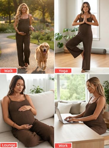 BLENCOT Maternity Ribbed Jumpsuit Stretchy One Piece Wide Leg Romper - color: Brown, size: Small