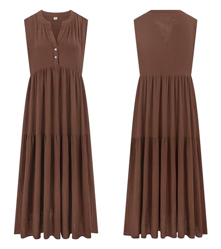 R.Vivimos Womens Summer Cotton Button V Neck Maxi Dress - color: Brown, size: Large