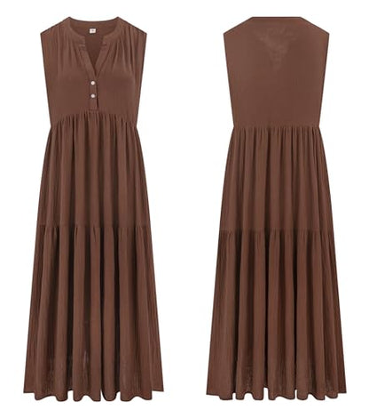 R.Vivimos Womens Summer Cotton Button V Neck Maxi Dress - color: Brown, size: X-Large