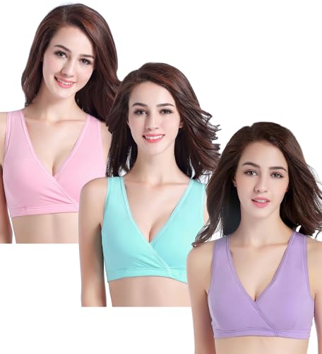 CAKYE 3 Pack Maternity Nursing Sleep Bra Breastfeeding Cotton Bralette - color: Mint Green/Pink/Lavender, size: Medium