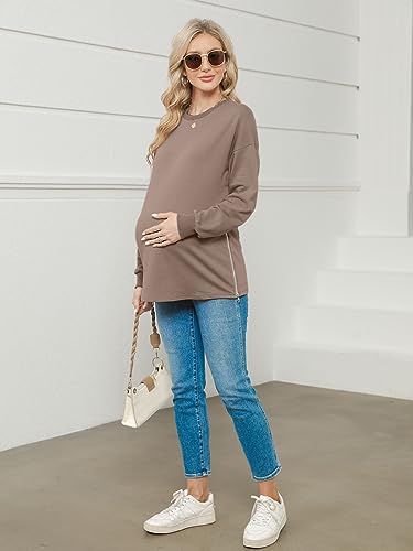 Women's Maternity Shirts Long Sleeve Sweatshirt Zipper Split Side Pregnancy Casual Tunic Top - color: Brown, size: Small