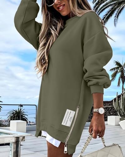 CHICME Women's Long Sleeve Crewneck Oversized Sweatshirt Fall Outfits - color: B-army Green, size: Medium