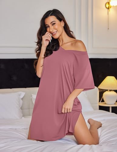 Ekouaer Womens Plus Size Nightgown Bamboo Viscose Short Sleeve Sleepshirt - color: Pink, size: 5X-Large