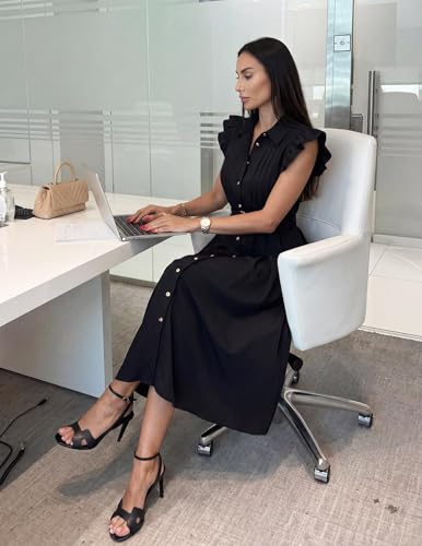 ZESICA Womens Summer Button Midi Dress Casual Work Dresses - color: Black, size: X-Large