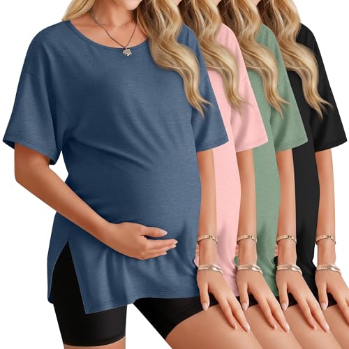 4 Pack Women's Maternity T Shirts - color: Gray Blue, Pink, Light Green, Black, size: Medium