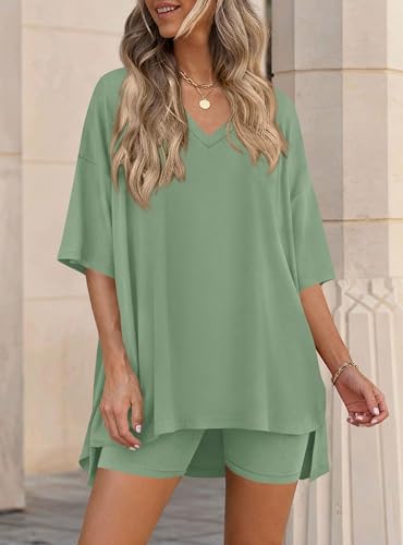 PRETTYGARDEN Womens 2 Piece Outfit Lounge Short Sets - color: Bean Green, size: Large