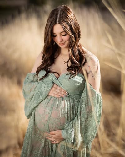 Saslax Sheer Lace Off Shoulder Maternity Maxi Dress for Photoshoot - color: Sage, size: Medium